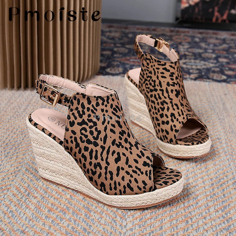 Wedge Sandals For Woman Espadrille Buckle Slippers New Big Size 42 43 Fish Toe Fashion Leopard Print Women's Summer Shoes