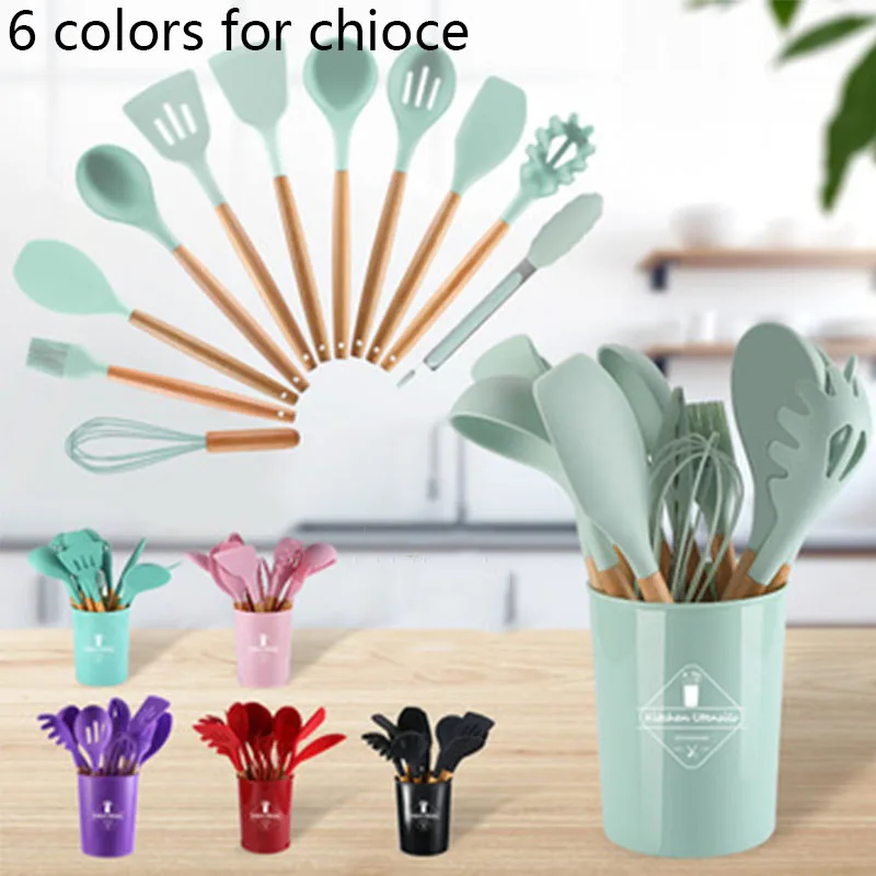 

11 Pieces of Wooden Handle Silicone Kitchenware Cookware Spatula Spoon Colander Non-stick Cookware Kitchen + Storage Bucket