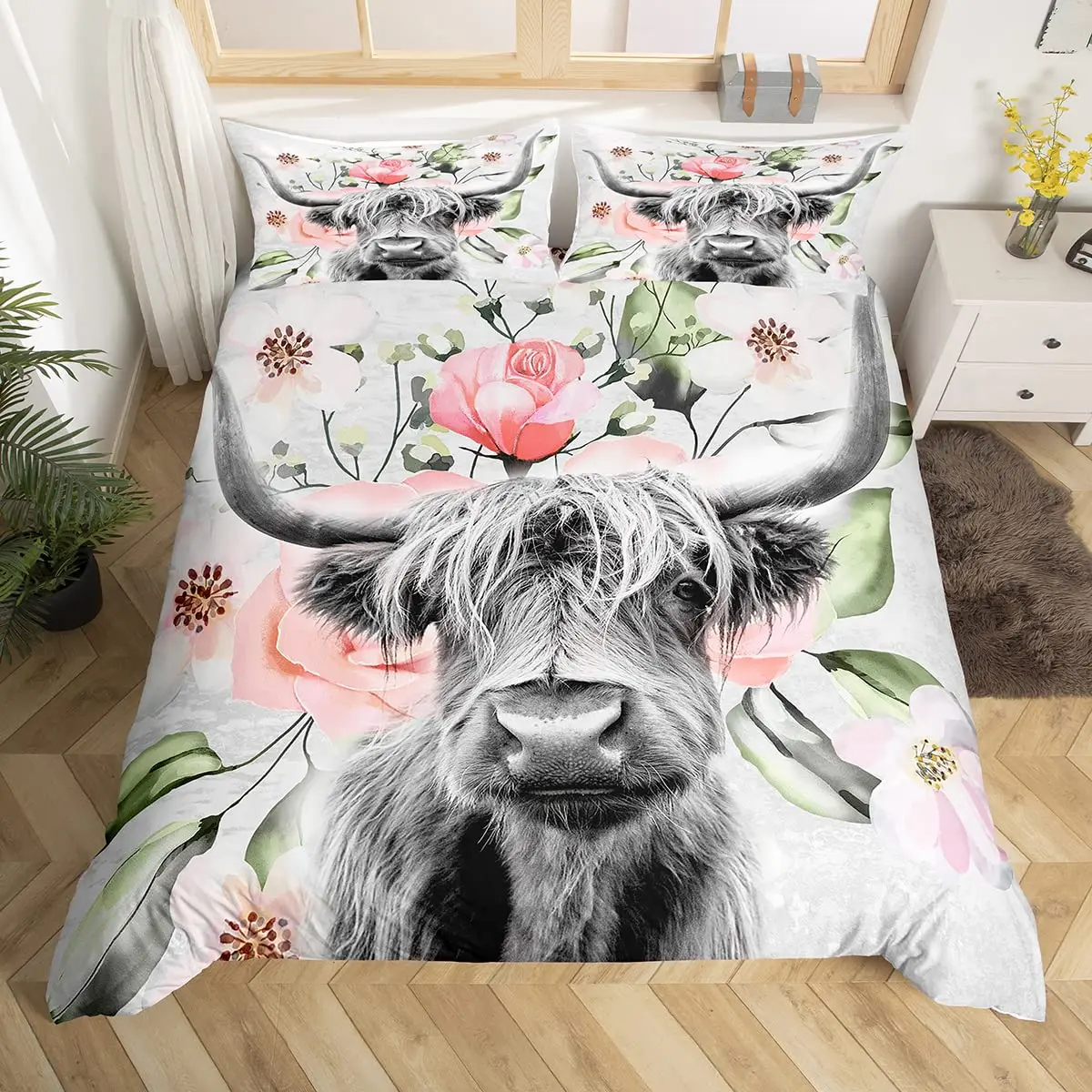 

Cover Set Cute Floral Cow Twin Bedding Set Yellow Sunflower Comforter Cover Animal Polyester Quilt Cover Highland Cattle Duvet
