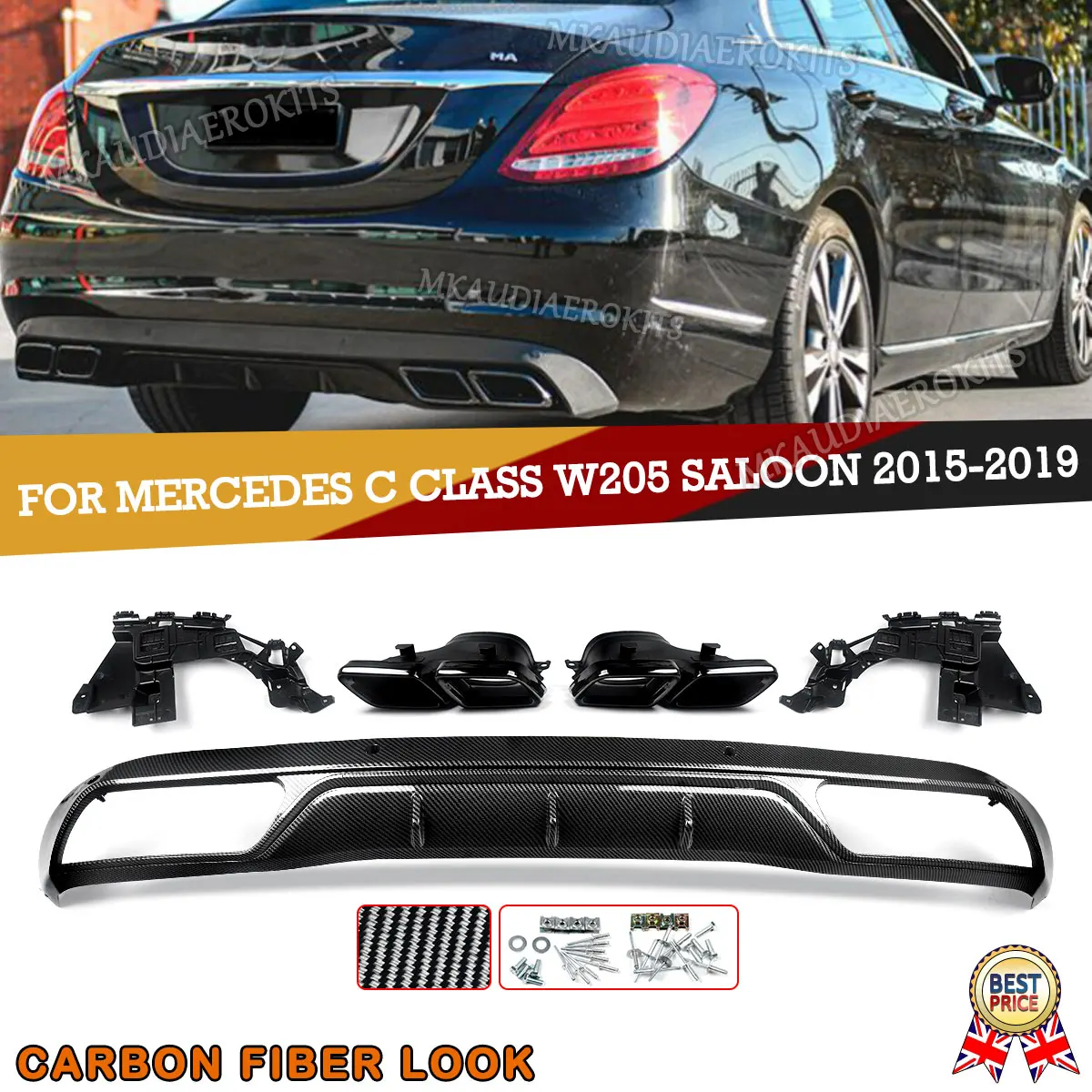 

Carbon Fiber Rear Bumper Diffuser Lip Splitter & Exhaust Muffler Pipe for Mercedes Benz C Class W205 Sedan 2015 2016 2017 2018