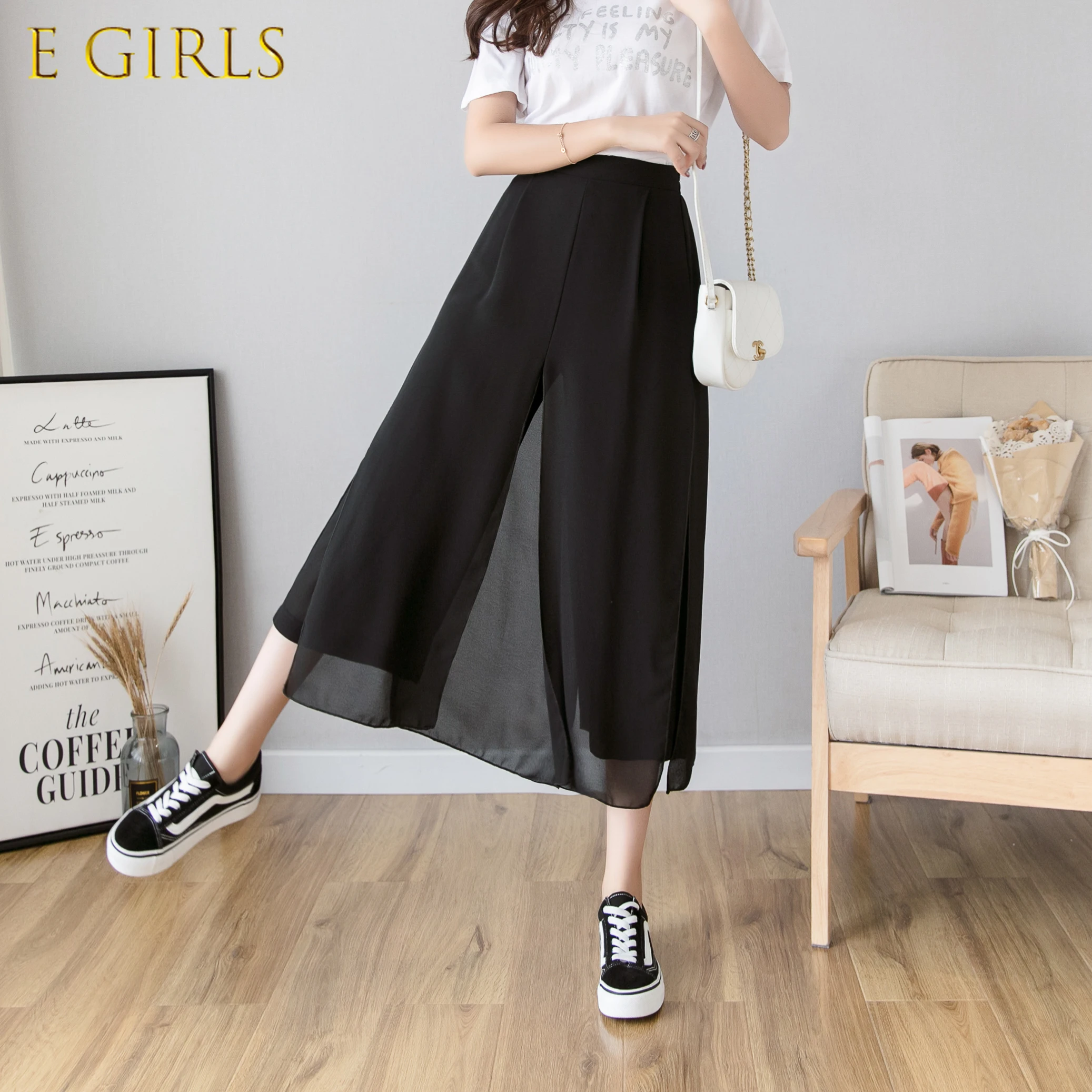 

E GIRLS Thin Streetwear Summer High Waist Women's Choffon Capris Pants For Women Trousers Wide Leg Pants Woman Split Up