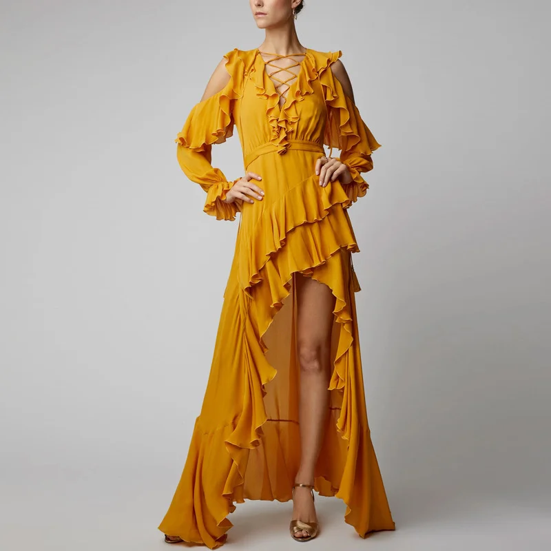 Top Quality Ginger Yellow Long Dress Women Autumn 2022 Fashion Long Sleeve Sexy V-neck Ankle-length Ruffles Runway Party Dress