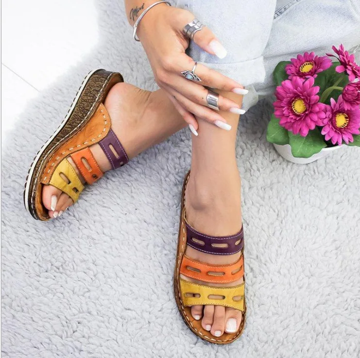 

Women Sandals 2023 Summer Wedge Slip On Shoes Female Thick Bottom Slippers Beach Shoes Dropshipping Rome Retro Open Toe Slides