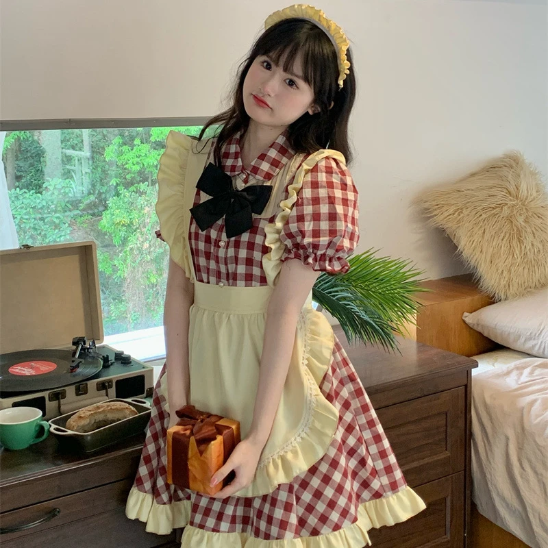 

Cute Cos Birthday Party Dresses Plus Size Halloween Lolita Maid Dress Kitchen Girl Daily Red and White Plaid Cospaly Loli Dress