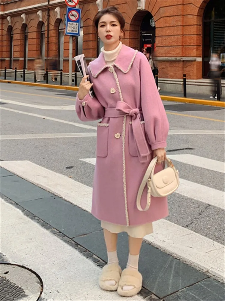 Женское шерстяное пальто элегантное свободное однобортное длинное розового