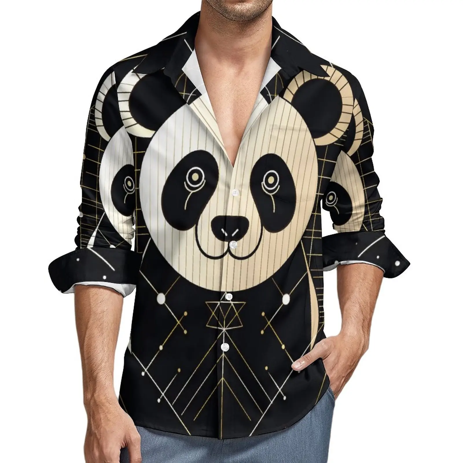 

Panda Street Casual Shirt Men Minimalist Art Astro Geometry Shirt Autumn Retro Blouses Long Sleeve Design Oversized Clothing