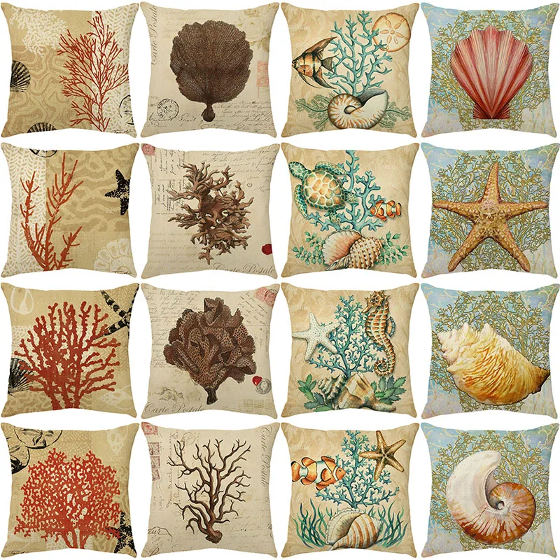 Retro Marine Style Cushion Cover 45X45cm Coral Conch Shell P