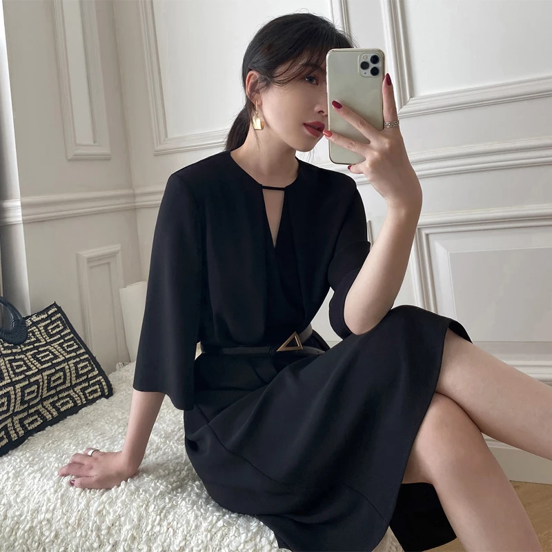 

A-line Dresses for Women Party with Belt French Office Lady Retro Three Quarter V-Neck Loose Woman Dress Elegant Female Summer