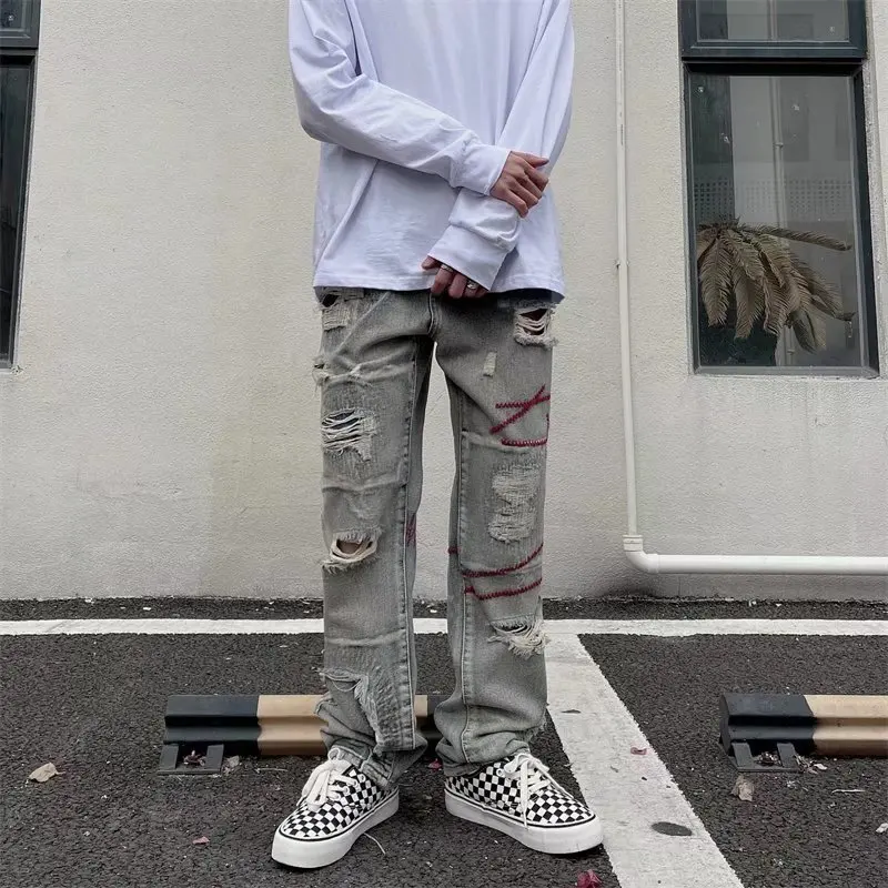 Fashion Men Jeans Hip Hop High Street Ripped Embroidered Men's Pants Fashion Streetwear Y2k Clothes Brand Jeans Jeans Aestethic