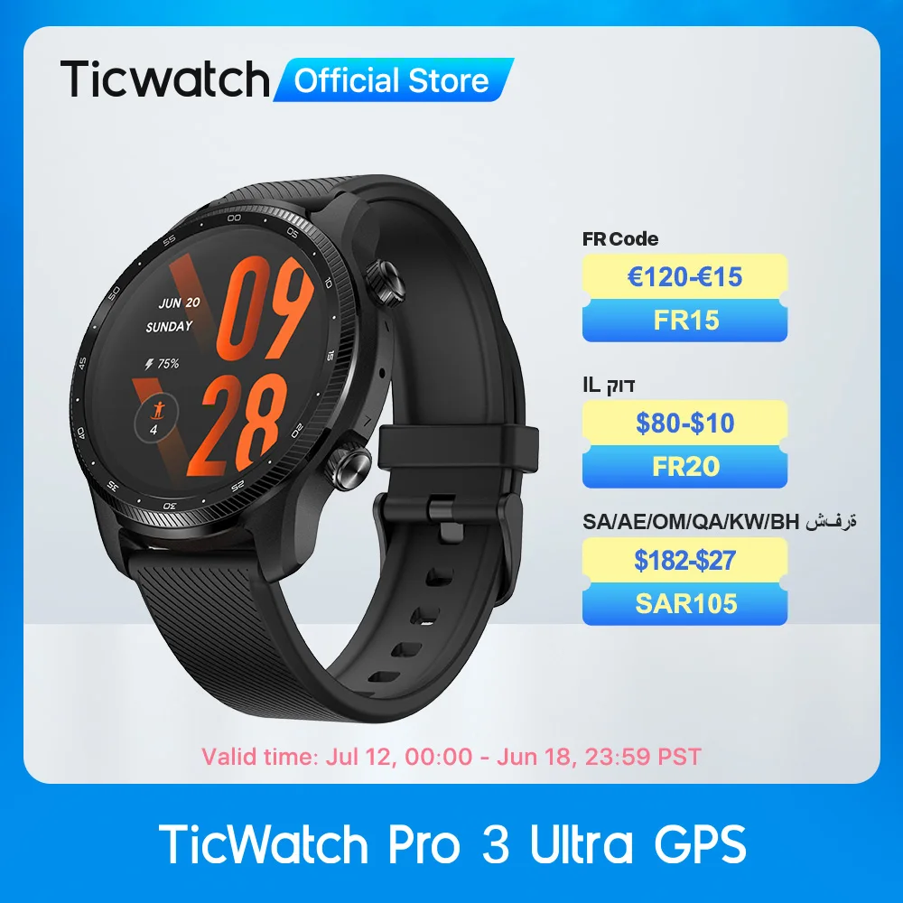 TicWatch Pro 3 Ultra GPS Wear OS Smartwatch Men Qualcomm 4100 Mobvoi Dual Processor System Watch Blood Oxygen Monitoring