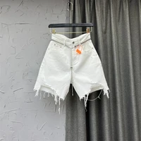 high waist ripped denim shorts womens summer thin shorts loose all match five points jeans fashion white wide leg middle pants