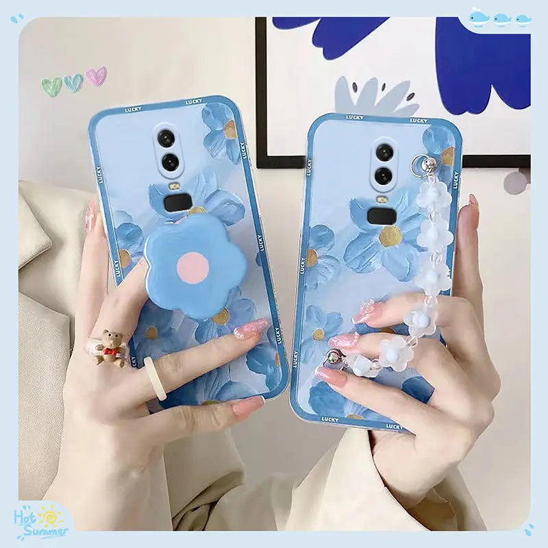 

Suitable For ONEPLUS 6 Phone Case Blue Oil Painting Flower Chain Soft Shell