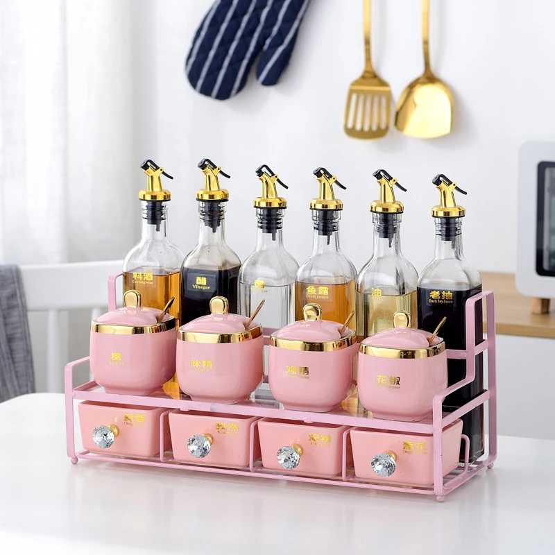 

Luxury Nordic pink Seasoning Jar Ceramic Salt Pepper Oil Vinegar Bottles Spice Shelf Organizer with Spoon Salero Kitchen Tools