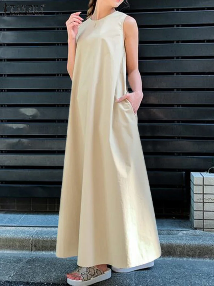 

ZANZEA Women Casual Long Robes Fashion A-line Solid Color O-neck Tank Dress 2023 Summer Holiday Sleeveless Simple Maxi Dresses