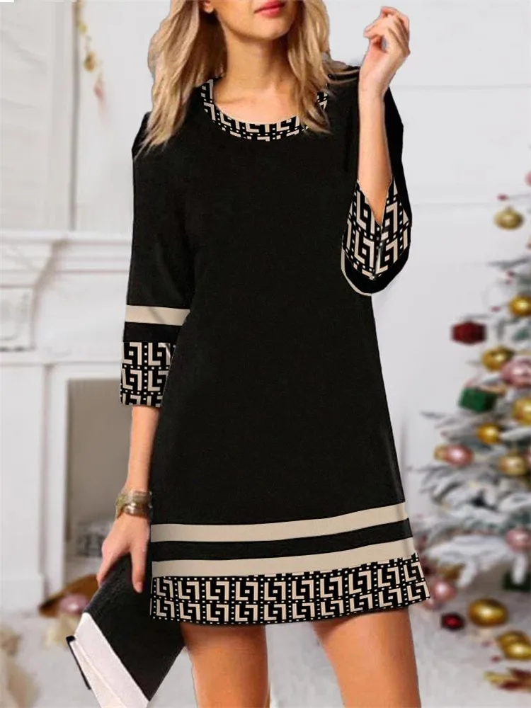 

2022 NEW Dresses for Women Geometric Print Round Neck Casual Dress Y2k Vestidos De Mujer Casual Elegant Mini Robe Female