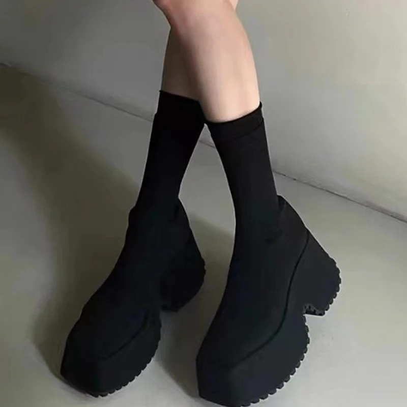 Женские замшевые ботинки-носки до середины икры зимняя Дизайнерская обувь на