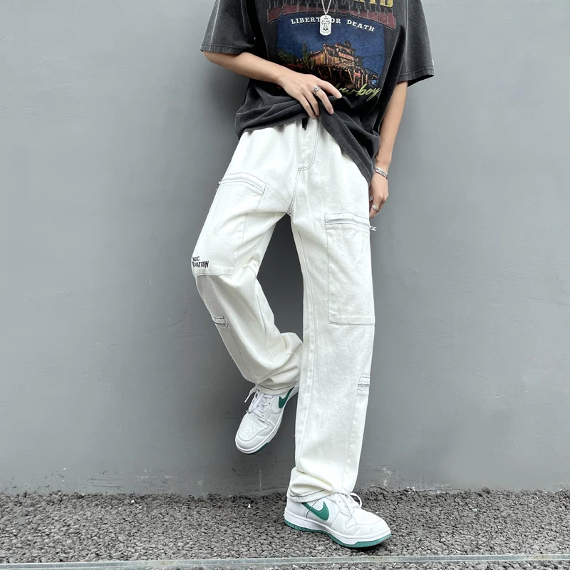 Простые однотонные белые женские джинсовые брюки унисекс уличная одежда для