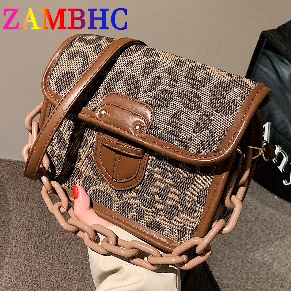 

Leopard Print Hasp Patchwork PU Leather Casual Thick Chain Shoulder Crossbody Bags for Women Spring Trend Lady Travel Hobos Tote