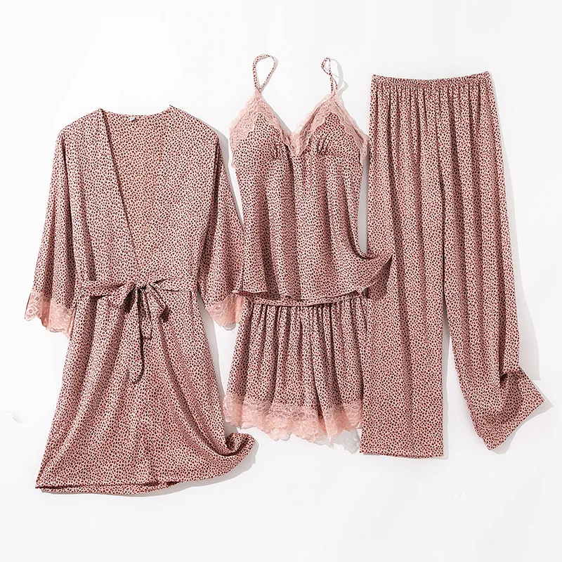 

Comfortable 4-Piece Pajama Set Women Ice Silk Pajamas Leopard Pattern Long-Sleeved Top Trousers Suspender Perfect for Home Wear