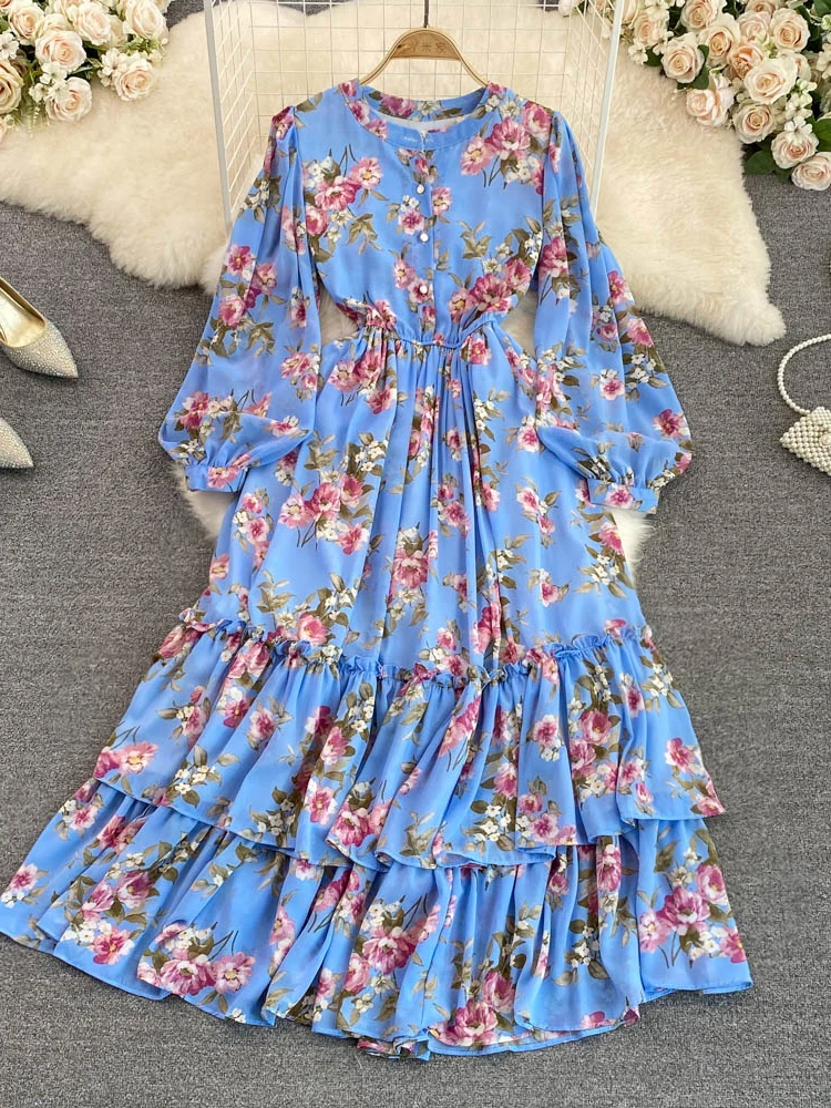 

Женское винтажное шифоновое платье макси, Элегантное Длинное платье с цветочным принтом, круглым вырезом, пышными рукавами, высокой талией ...