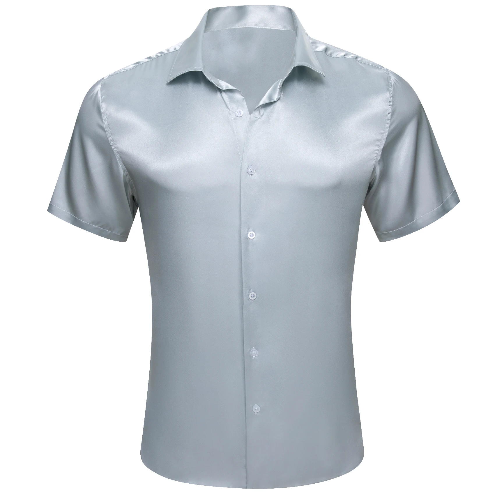 

Дизайнерские мужские рубашки с коротким рукавом, однотонная атласная шелковая серая и серебристая летняя одежда, повседневные приталенные топы с отложным воротником, топы Barry Wang