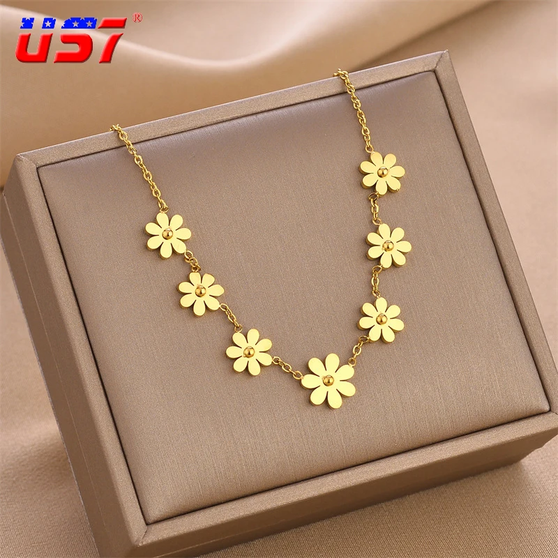 

US7 New In 316L Stainless Steel Upscale Elegant Daisy 7 Flowers Charm Chain Choker Necklaces Pendants For Women Fashion Jewelry