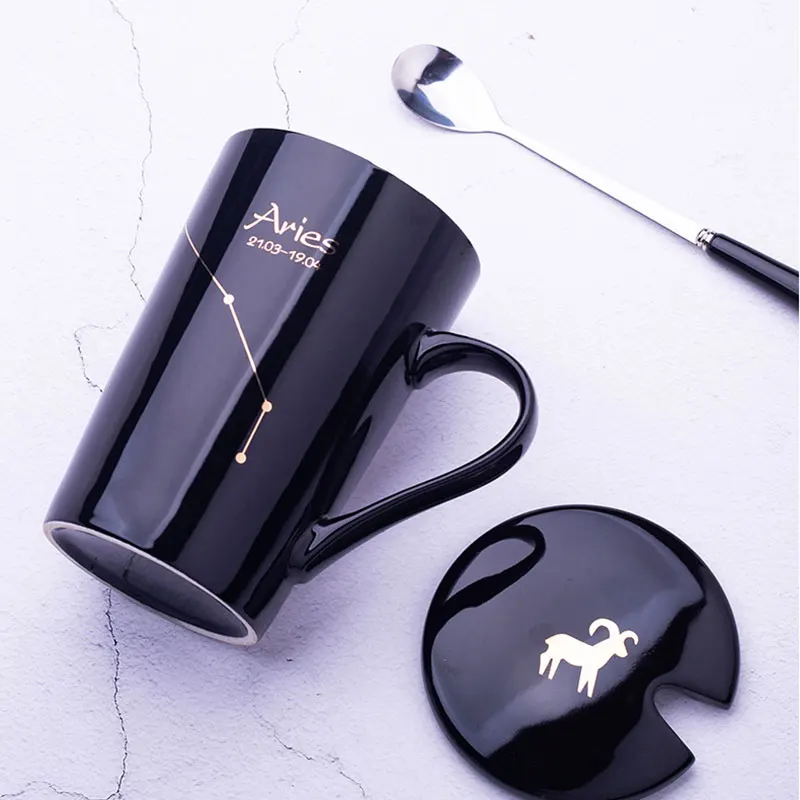 

Contellation Ceramic Mug with Lid Spoon Coffe Cup 12 Astrological Signs Black Mug with Lid Spoon Coffee Cup Black Unique Gift