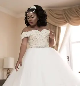 Sparkly Sweetheart  Off the Shoulder  Bridal Gowns Cathedral Train African Wedding Dresses with Full Pearls  Beads