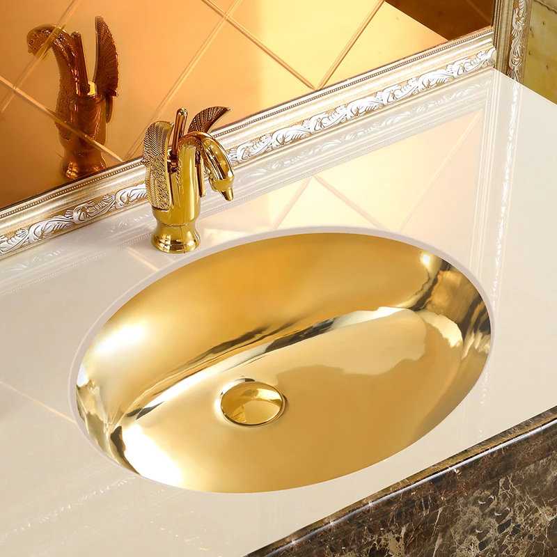 

European-Style Gold Drop-in Sink Washbasin Embedded Bathroom Cabinet round Inter-Platform Basin Wash Basin Bathroom Ceramic