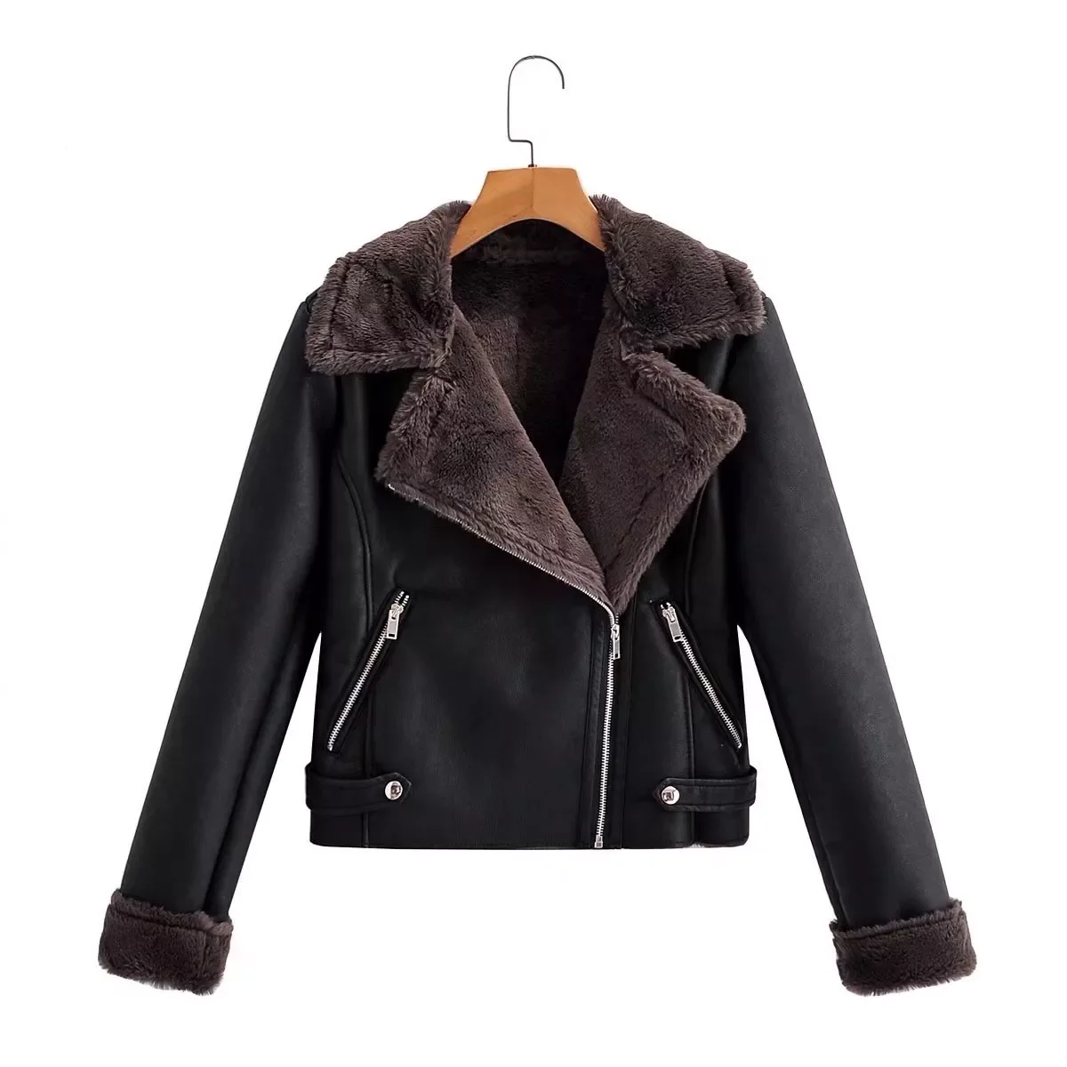 2021 New Women Winter Thick Faux Leather Lamb Fur Collar Jackets Lady Motorcycle Black Short Zipper Wool High Street Coats Tops enlarge