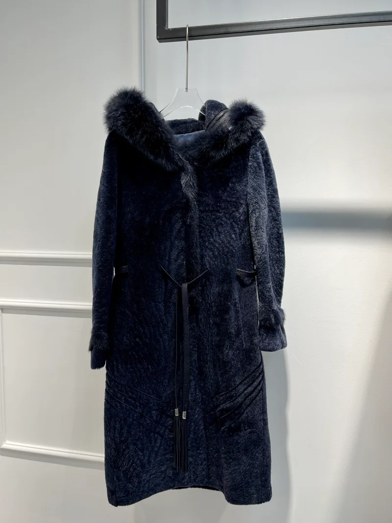 Shearling Jackets with Belt Women 2022 Latest Autumn Winter Warming Dark Blue Midi-length Hooded Coats Ladies