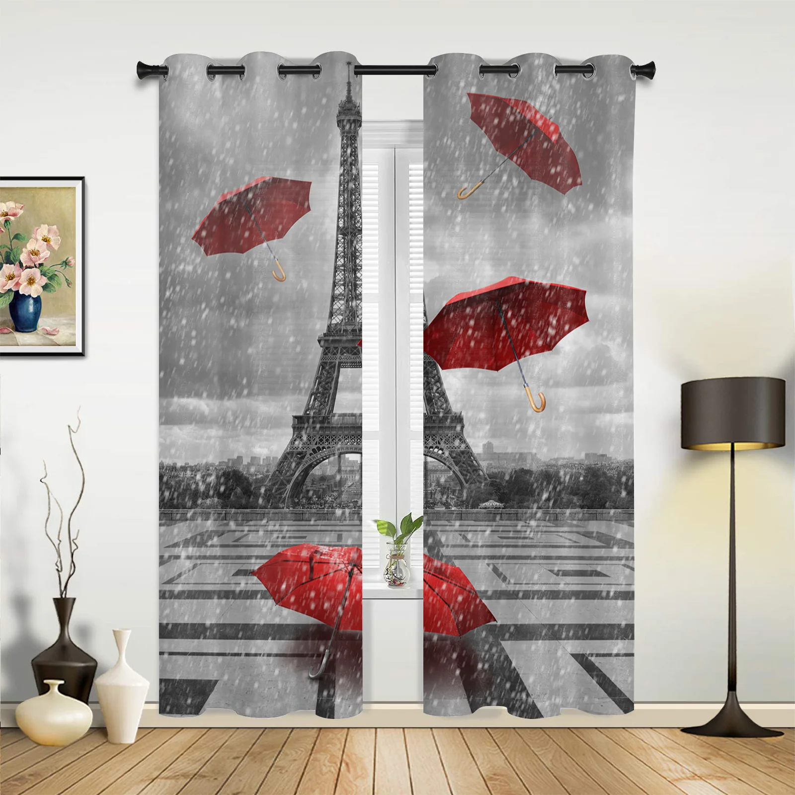 

Eiffel Tower Umbrella Window Curtains for Living Room Home Decor Bedroom Curtains Left and Right Biparting Open Drapes