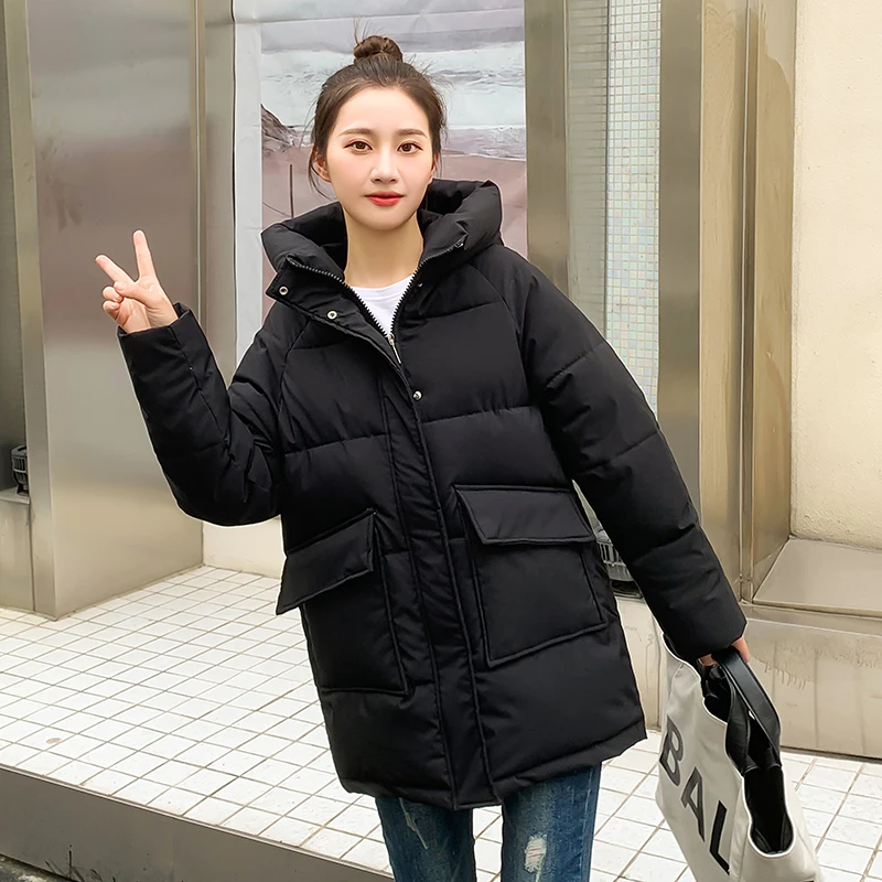 Thicken Warm Medium Long Chic Parka Women Casual Sweety Solid Color Big Pocket Loose Hooded Coat Jackets Outwear Autumn Winter