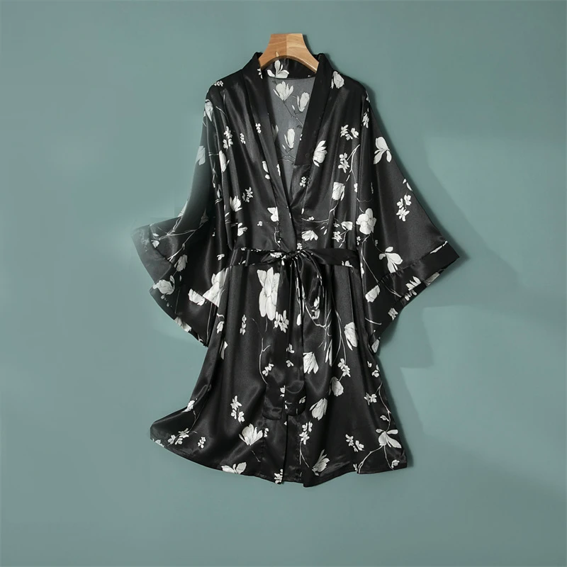 AIIOU Ice Silk Women Sexy Robe Kimono Black Flower Print Nightgown Bathrobe Home Costume Pajamas Sleepwear with Panties |
