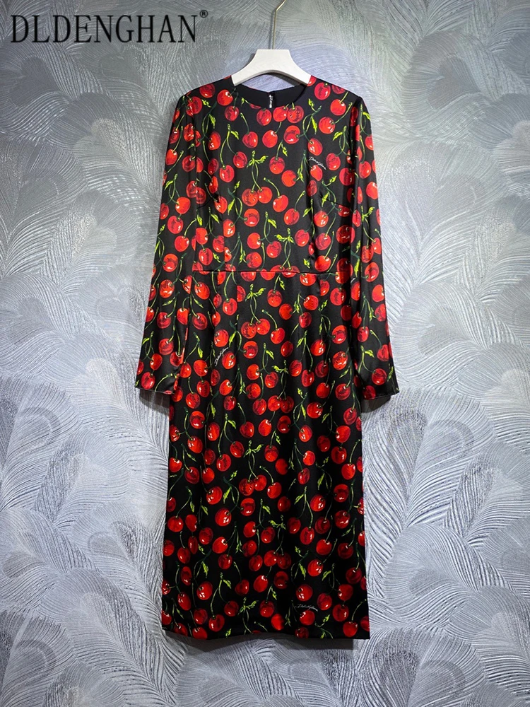 

DLDENGHAN, модное дизайнерское осеннее шелковое платье-карандаш, женское элегантное платье с круглым вырезом и длинным рукавом и принтом в виде вишни