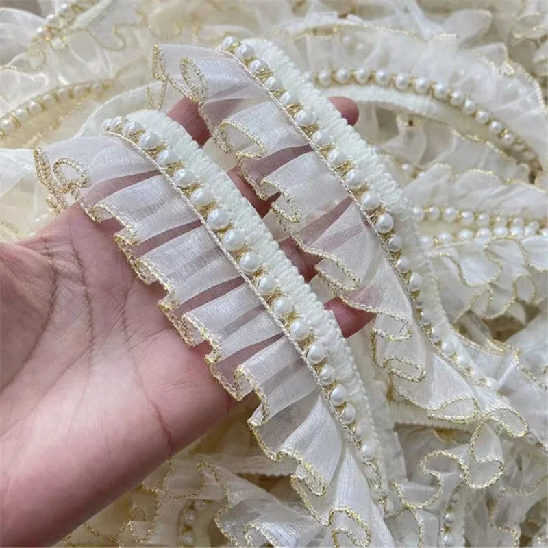 4CM Wide Luxury Pleated Chiffon Glitter Beaded Fringed Ruffle Lace Fabric Collar Trim Wedding Dress Guipure DIY Sewing Decor