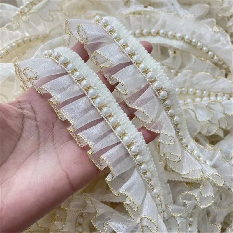 

4CM Wide Luxury Pleated Chiffon Glitter Beaded Fringed Ruffle Lace Fabric Collar Trim Wedding Dress Guipure DIY Sewing Decor