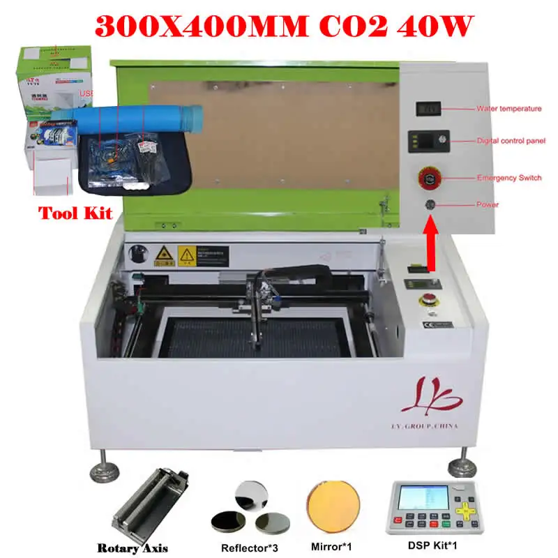 Mini 3040 CO2 Laser Cutting Machine 40W 300x400mm Engraving Cutter USB Port with LCD Control Panel Honeycomb Board Rotary Axis