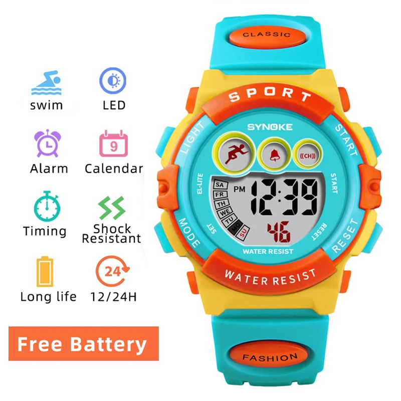 Часы наручные SYNOKE детские цифровые, брендовые светодиодные электронные, с будильником, водонепроницаемость 50 м, для мальчиков и девочек