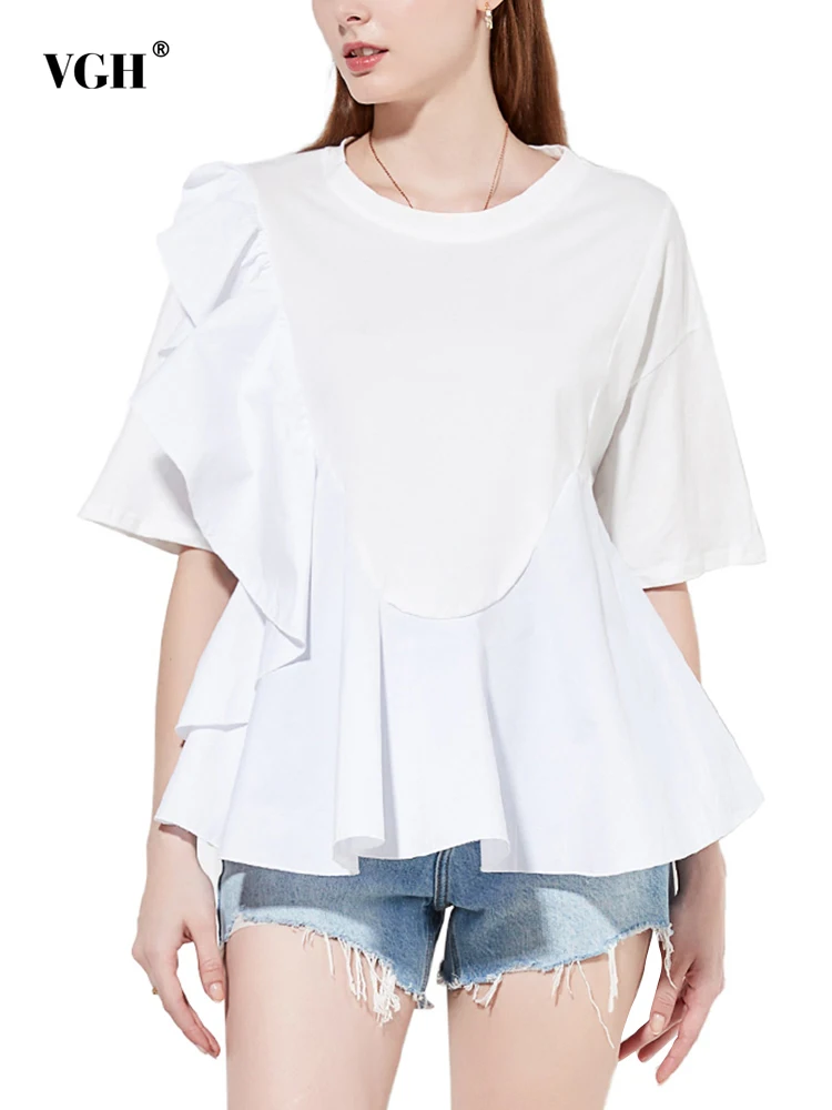 

VGH Casual Patchwork Ruffle Trim T Shirt For Women Round Neck Short Sleeve Loose White Minimalist T Shirts Female Fashion Style