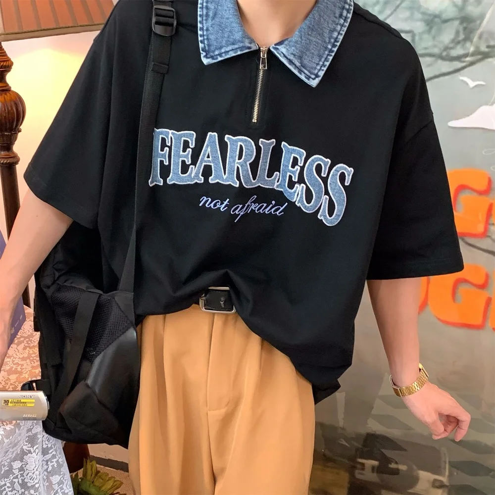 

Denim Stitching Japanese Retro Short Sleeve POLO Shirt Women Summer Design Niche T-shirt Couple Loose Hong Kong Style Korean Top