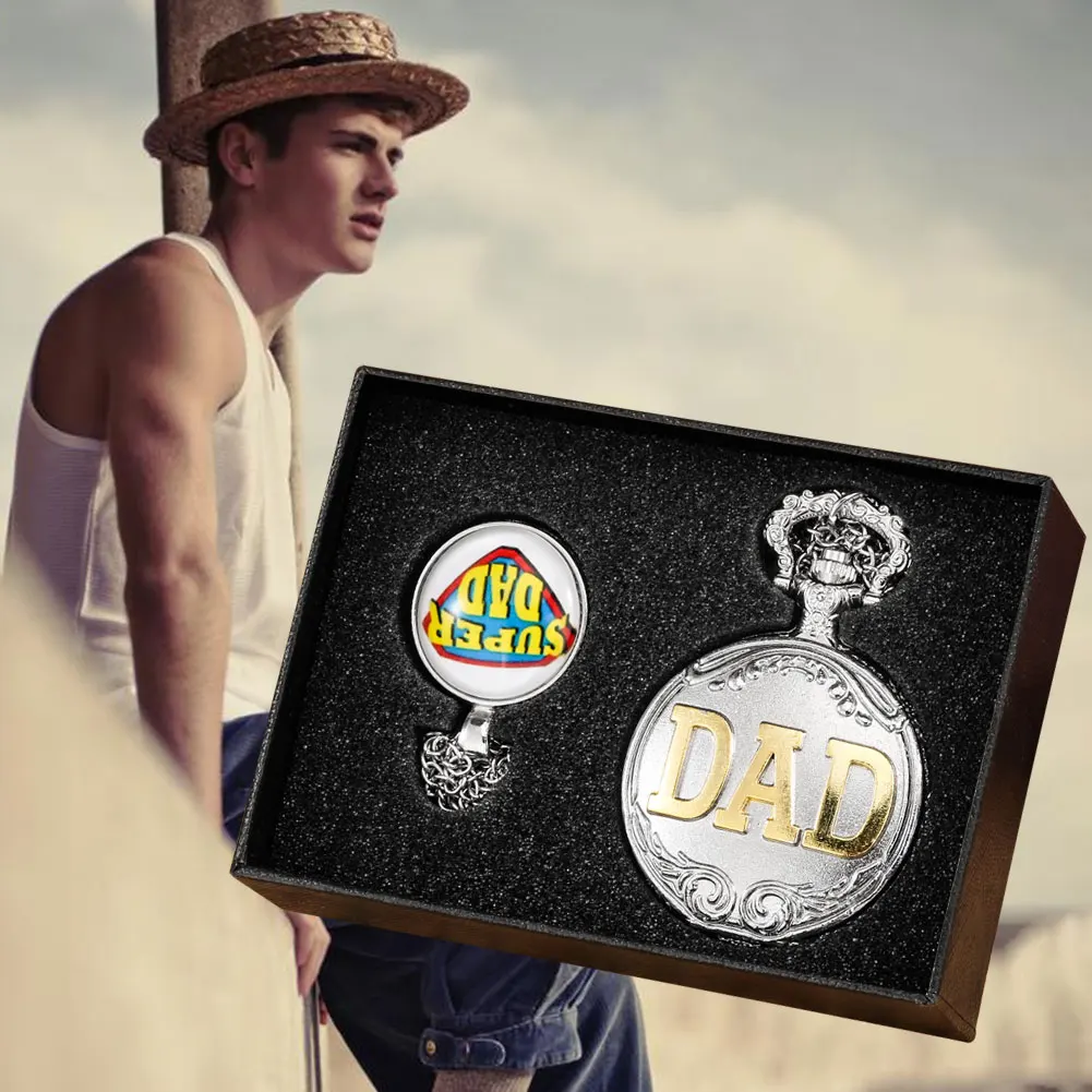 Silver Quartz Pocket Watch Retro DAD Engraving Pocket Watch with Chain Pendant Necklace Father's Day Gift Reloj De Bolsillo