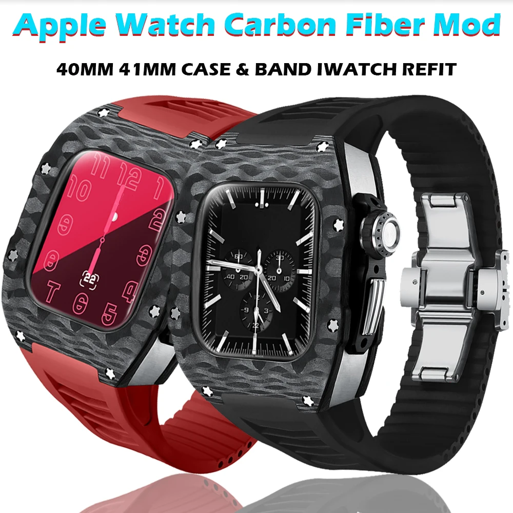 

Modification Kit Carbon Fiber Case For Apple Watch Band 41mm 40mm Butterfly Clasp Mod Kit iWatch 8 7 6 5 4 SE Fluororubber Strap