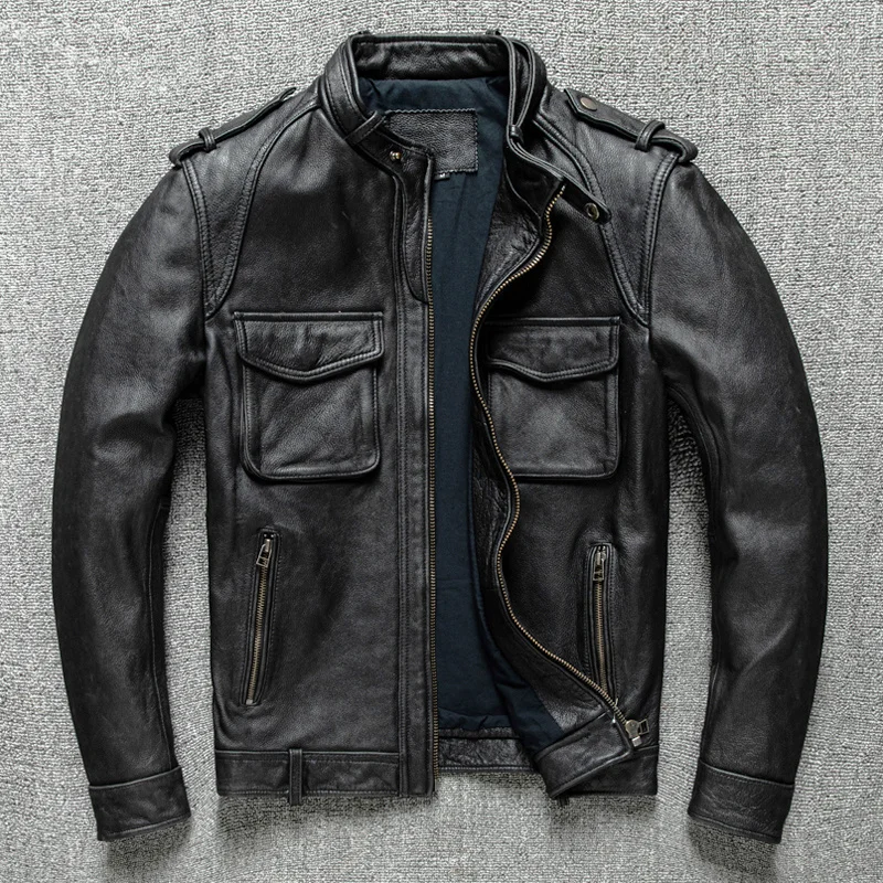 

Free shipping.Super sales.Brand new.Cool vintage gray genuine leather outwear.quality Rider slim cowhide coat.Plus size cloth