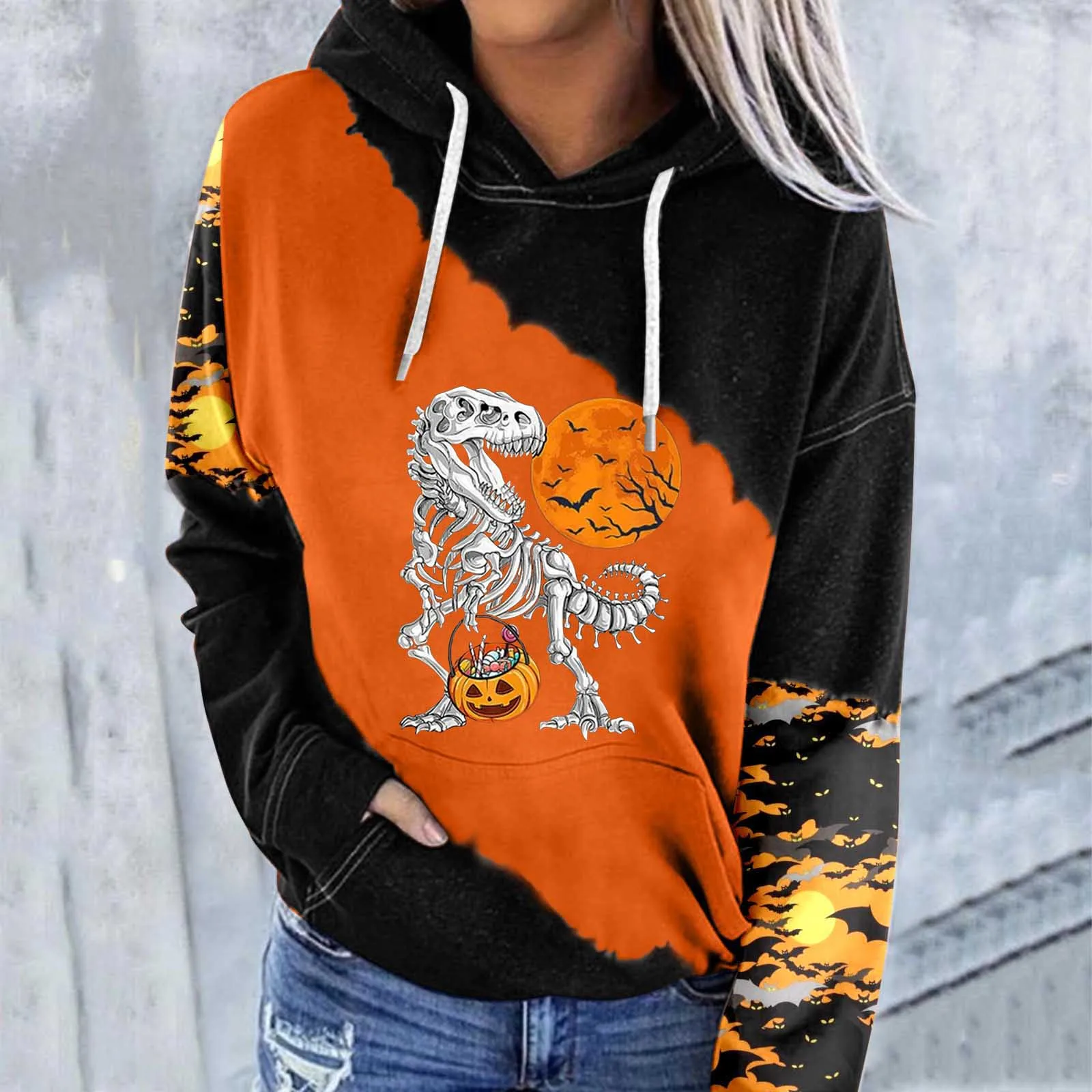 

Basics Sweatshirt Women Casual Hoodie Halloween Print Colorblock Sleeve Womens Casual Pullover Tops Women Hooded Sweatshirt