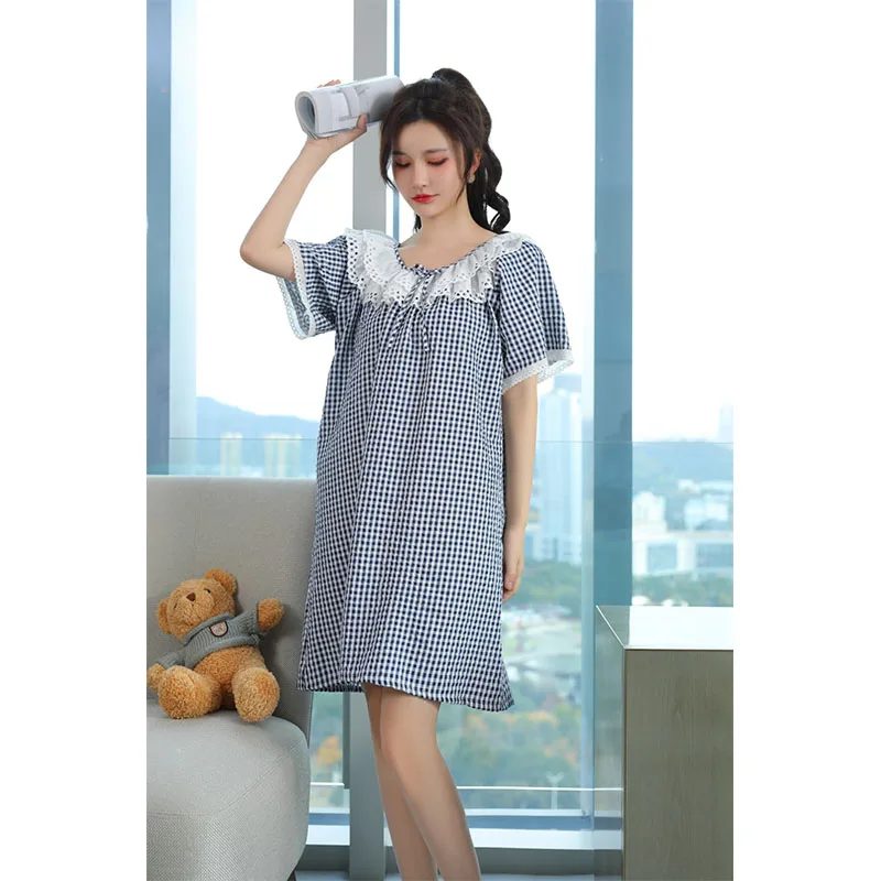 YFTNH Summer Womens Nightgown Plaid Lace Crew Neck Soft Breathable Short Sleeve Night Shirts for Ladies Sleepwear Nighties