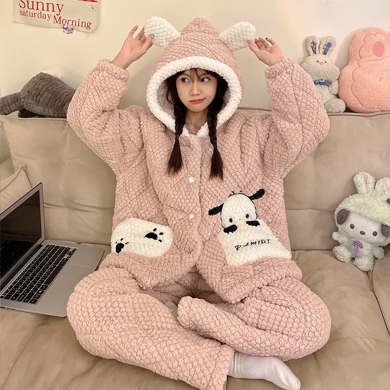 

Пижама понравило Sanrio кавайная аниме Facecloth утолщенная хлопковая зимняя теплая одежда для дома удобная повседневная одежда с отворотом