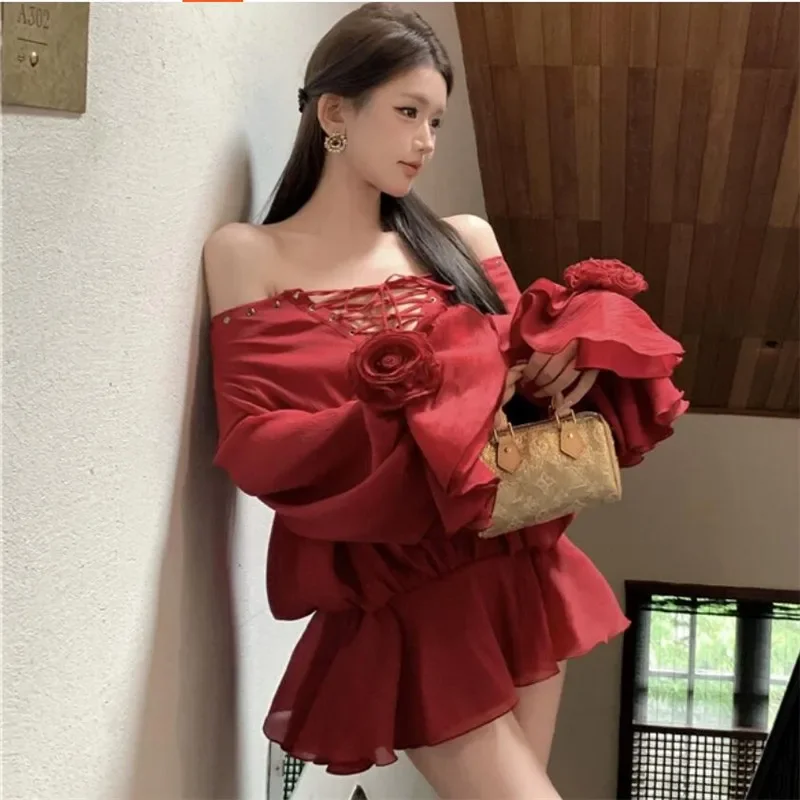 Новинка Осеннее пикантное красное супер мини-платье с воротником-лодочкой