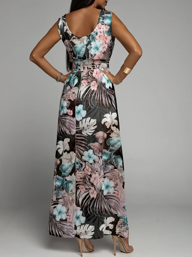 Женское платье-макси с V-образным вырезом открытой спиной и цветочным принтом |