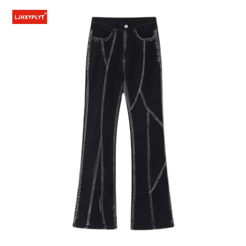 

Design Sense Line High Waist Micro Bell-bottom Black Jeans Women Thin Tall Loose Wide Leg Mopping Pants Neutral Denim Trousers
